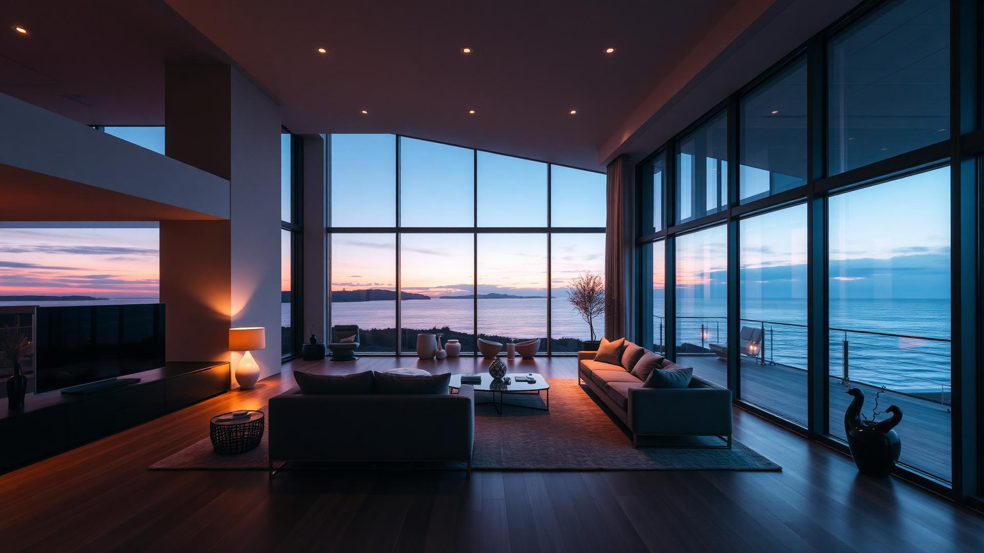 Interno contemporaneo con grandi vetrate sul mare